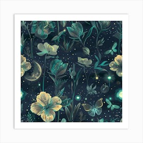 Seamless Pattern With Flowers And Butterflies Art Print