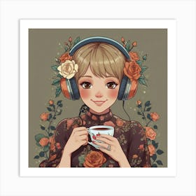 Anime Girl With Headphones 1 Art Print