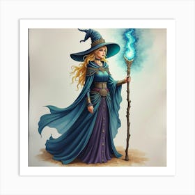 Gorgeous Sorceress With Glowing Staff, Watercolor Detail 1 Art Print