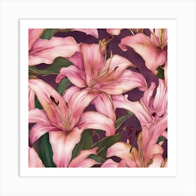 Seamless Pattern Of Elegant Lily Floral Motifs In Pink, Adorned With Gold Lines Art Print