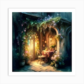 Quiet and attractive dining nook, overgrown flowers, high quality, detailed, highly 3D, elegant carved cart, 20 Art Print