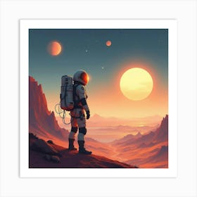 Space Explorer On An Alien Planet With A Twin Sun Sky, Watercolor Finish 1 Art Print