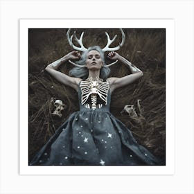 Skeleton Antler Sleeping Girl in Starry Field Art Print