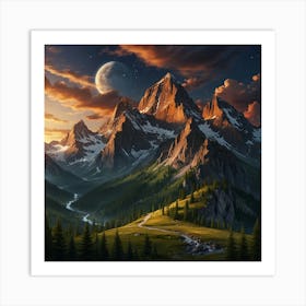 Mountain Landscape At Sunset 1 Art Print