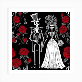 Day Of The Dead Skeleton Bride And Groom red roses Art Print