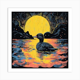 Duckling Linocut Style At Night 1 Art Print