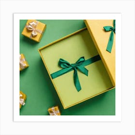 Gift Boxes On Green Background Art Print