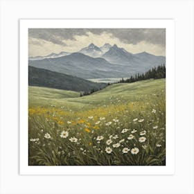 vintage oil painting of wild flowers in a meadow, mountains in the background 9 Art Print