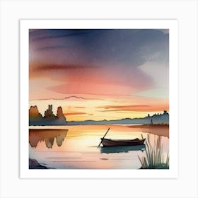 Watercolor Boat At Sunset Art Print