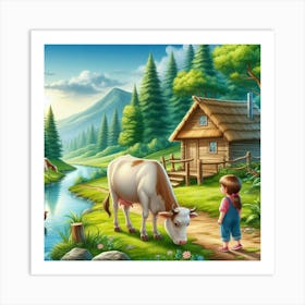 Little Girl And Cows In The Countryside Art Print