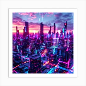 Augmented Reality Interface Holographic Elements Cascading Over A Bustling Cityscape At Dusk Neon 789043003 (2) Art Print