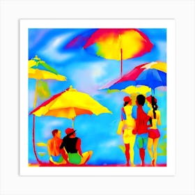 People Under Umbrellas on the Beach Fine Print Art Print