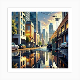 City Street With Reflections In Puddles Art Print