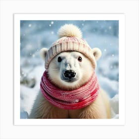 Firefly Playful, Endearing, Polar, Bear, Cub, Fluffy, White, Fur, Snowy, Backdrop, Knit, Cap, Scarf, (2) Art Print