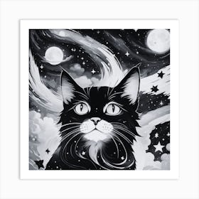 Black Cat In The Night Sky Art Print