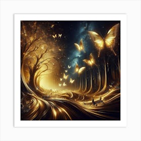 Golden Forest With Butterflies Art Print