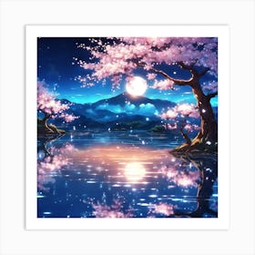 Warm Moonlight on the Cherry Blossom Lake Art Print