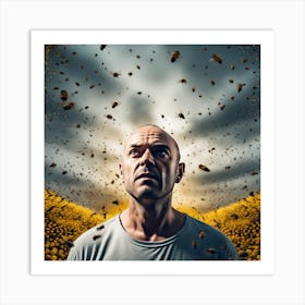 The Image Depicts A Man With A Shaved Head Standing In Front Of A Yellow Background Filled With Bees 1 Art Print