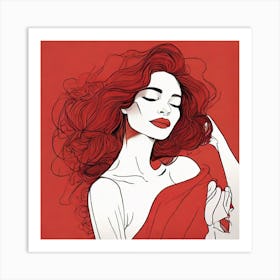 Red Woman Canvas Print - Line Art Style Woman Art Print