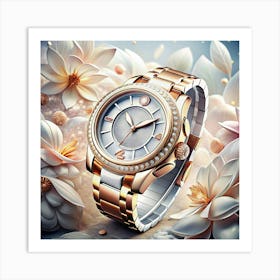 Diamond Encrusted Gold Watch With White Flowers Art Print