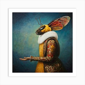 Surrealistic Painting Depicting A Regal Bee Human Hybrid In Side View Adorned With Ornate Symbolic Art Print