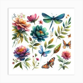 Watercolor Flowers And Butterflies Art Print