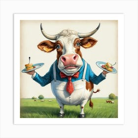 Cow Holding Plates Art Print