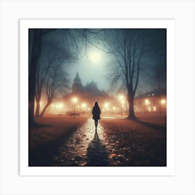 Woman In The Park At Night Art Print