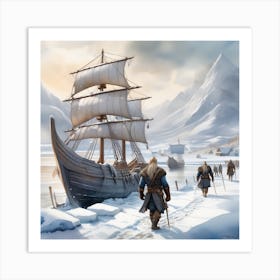 White Winter Frozeen ships Vikings art Watercolor Art Print