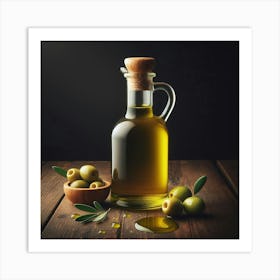 Olive Oil On Wooden Table Art Print