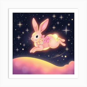 A Glowing Rabbit With Flower Patterned Fur Leaping Across A Sparkling, Star Filled Midnight Sky 1 Art Print