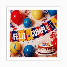 Feliz cumple and Feliz cumpleaños sign means Happy Birthday in Spanish language, Birthday party celebration gift with birthday cake candle colorful balloons best congratulation over light backgroundFiesta Cumple Art Print