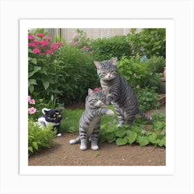 Two Cats Playing In The Garden Art Print