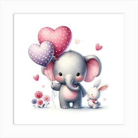 Elephant and Bunny with balloons Art Print