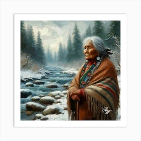 Elderly Native American Woman By Stream 2 Copy Art Print