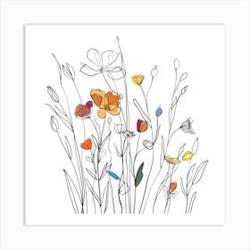 Hand Drawn Wildflowers Line Art 6 Art Print