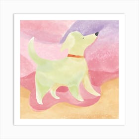 Watercolor: white dog, red collar, beach, pink, purple Art Print