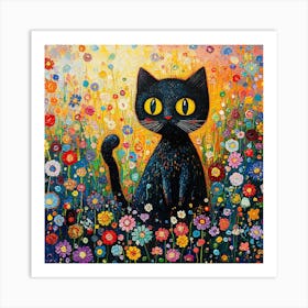 Black Cat In A Flower Field 1 Art Print