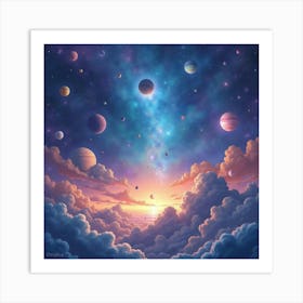 Watercolor Space Scene With Floating Cosmic Elements 1 Art Print