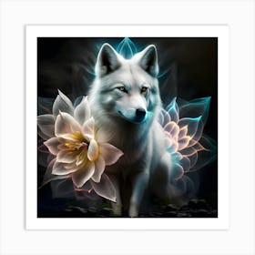 White Wolf With Lotus Flower Art Print