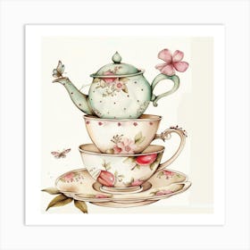 Tea Cups And Teapot Watercolor Pastel Colors Art Print