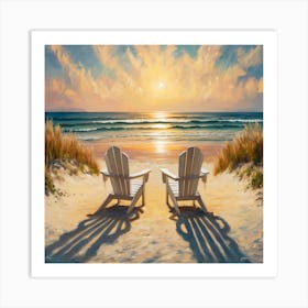 Sunset Serenity Adirondack Chairs By The Shore (4) Art Print