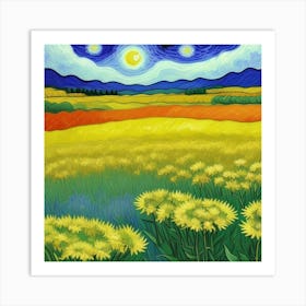 Starry Night In The Sunflower Field Art Print