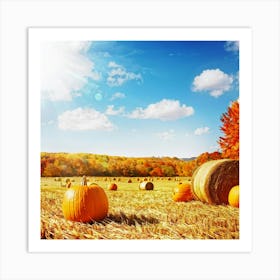 Autumn Harvest Scene Featuring Oversized Pumpkins Nestled Among Stalks Of Sunlit Corn Bales Of Hay (1) Art Print