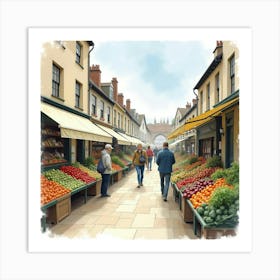 An English Morning Market With Fresh Produce And Shoppers, Watercolor Style 1 Art Print