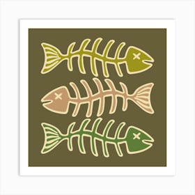 FISH BONES Pop Art Seafood in Vintage Retro Olive Beige Green on Moss Green Kitchen Food Art Print