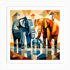 A Cubist Depiction Of A Family Of Elephants Gathered Art Print