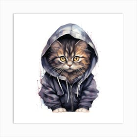 Watercolour Cartoon Cat In A Hoodie 1 Art Print