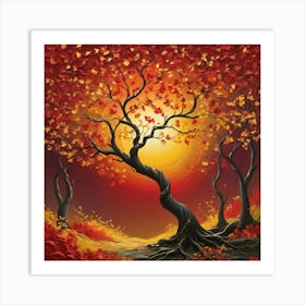 solid color gradient tree with golden leaves and twisted and intertwined branches 3D oil painting 2 Art Print