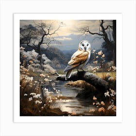 Barn Owl Above Countryside Stream 1 Art Print